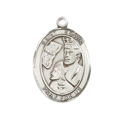Everlasting Light Jewelry Medium Men's Pewter Saint St. Edwin Medal Pendant on 24 Inch Endless Rhodium Plated Heavy Curb Brass Chain, Catholic Religious Necklace - Made in USA- Deluxe Velvet Gift Box