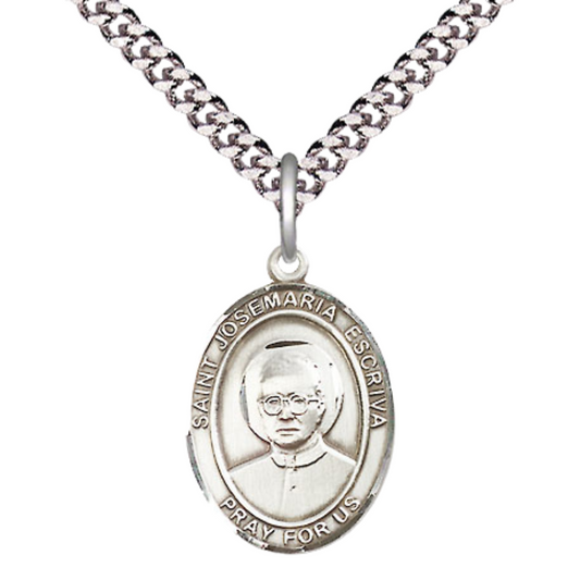 Medium Men's .925 Sterling Silver Saint St. Josemaria Escriva Medal Pendant on 24 Inch Endless Rhodium Plated Heavy Curb Brass Chain, Catholic Religious Necklace - Made in USA- Deluxe Velvet Gift Box