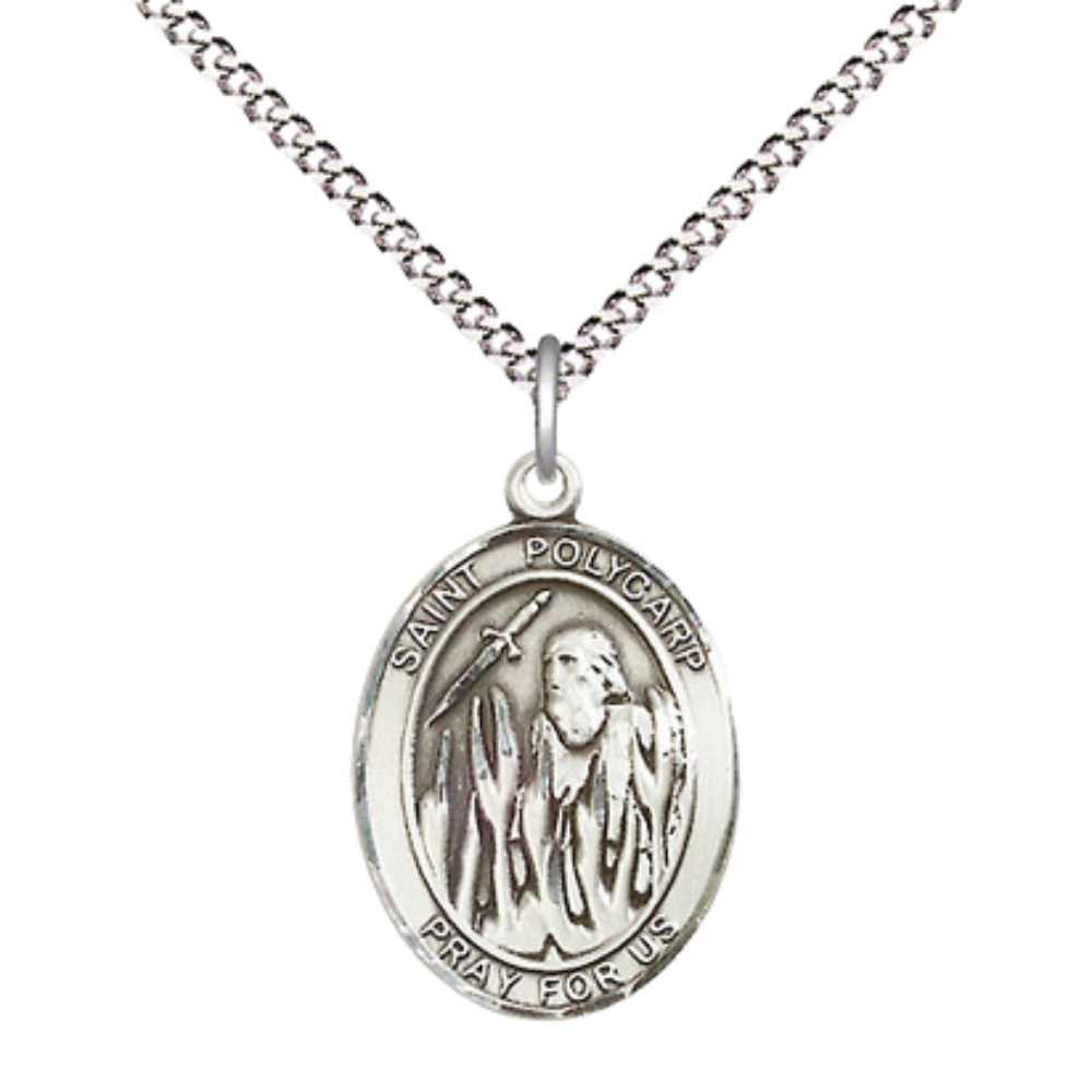 Everlasting Light Jewelry Medium Women's Sterling Silver Saint Polycarp of Smyrna Pendant Necklace on 18-inch Rhodium-Plated Lite Curb Brass Chain – Velvet Gift Box Included