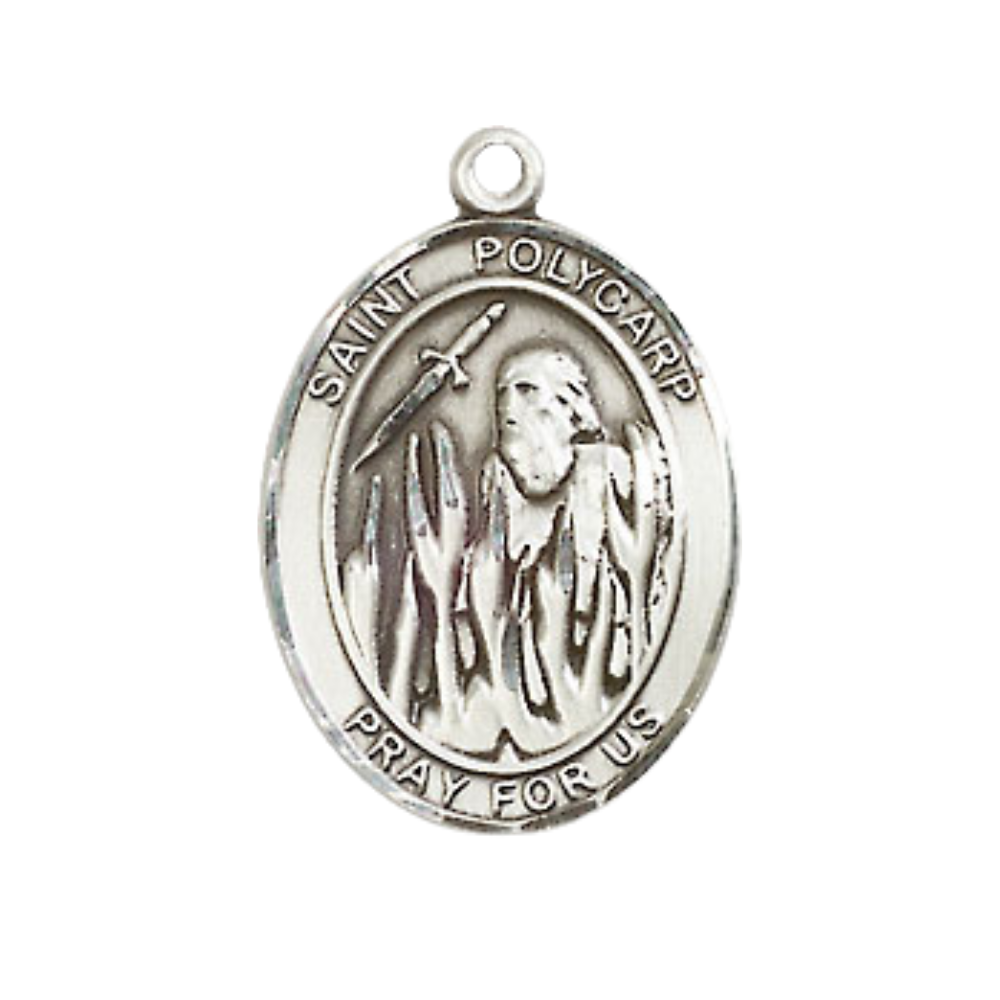 Medium Mens Oval Sterling Silver Saint Polycarp of Smyrna Medal Pendant on 24" Rhodium Plated Heavy Curb Brass Chain w/ Lobster Claw Clasp,Catholic Religious Necklace -Made in USA-Velvet Gift Box
