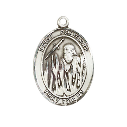 Mens Medium Oval Pewter Saint St. Polycarp of Smyrna Medal Pendant on 24 Inch Rhodium Plated Heavy Curb Brass Chain w/ Lobster Claw Clasp, Catholic Religious Necklace - Made in USA- Velvet Gift Box