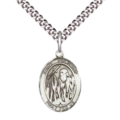 Medium Men's .925 Sterling Silver Saint St. Polycarp of Smyrna Medal Pendant on 24 Inch Endless Rhodium Plated Heavy Curb Brass Chain, Catholic Religious Necklace - Made in USA- Deluxe Velvet Gift Box