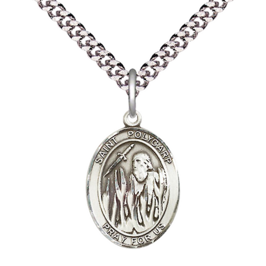 Medium Men's .925 Sterling Silver Saint St. Polycarp of Smyrna Medal Pendant on 24 Inch Endless Rhodium Plated Heavy Curb Brass Chain, Catholic Religious Necklace - Made in USA- Deluxe Velvet Gift Box