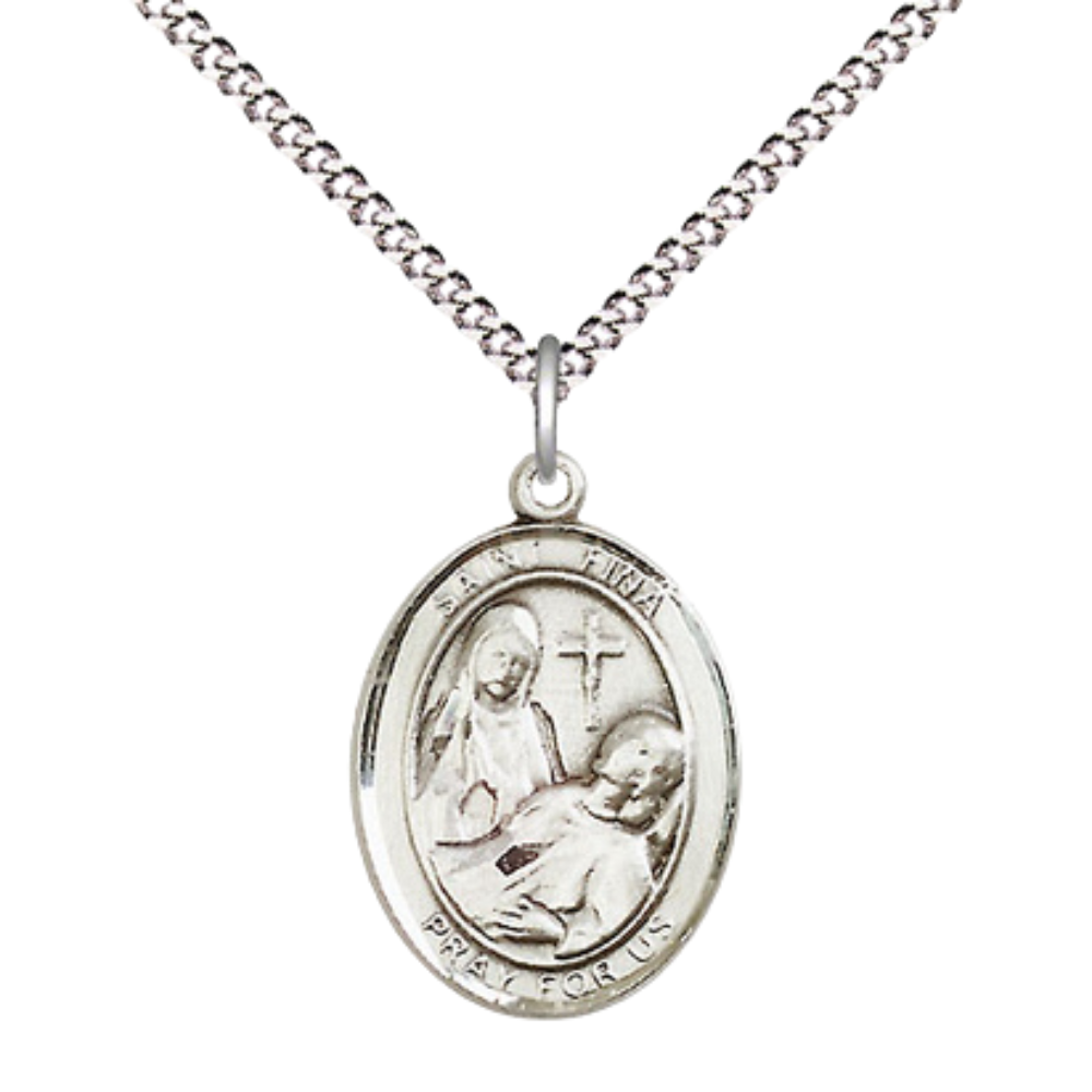 Everlasting Light Jewelry Medium Women's .925 Sterling Silver Saint St. Fina Pendant Necklace on 18- inch Rhodium- Plated Lite Curb Brass Chain, Catholic Medal – Velvet Gift Box Included
