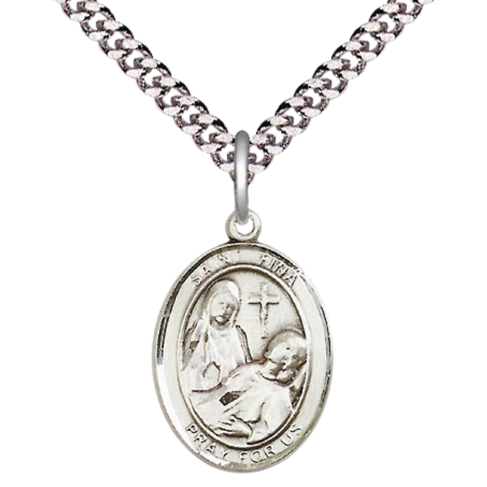 Mens Medium Oval Pewter Saint St. Fina Medal Pendant on 24 Inch Rhodium Plated Heavy Curb Brass Chain with Lobster Claw Clasp, Catholic Religious Necklace - Made in USA- Deluxe Velvet Gift Box
