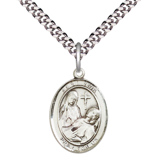 Medium Men's .925 Sterling Silver Saint Fina Medal Pendant on 24 Inch Endless Rhodium Plated Heavy Curb Brass Chain, Catholic Religious Necklace -Made in USA- Deluxe Velvet Gift Box