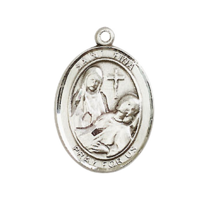 Mens Medium Oval .925 Sterling Silver Saint Fina Medal Pendant on 24" Rhodium Plated Heavy Curb Brass Chain w/ Lobster Claw Clasp, Catholic Religious Necklace -Made in USA-Velvet Gift Box