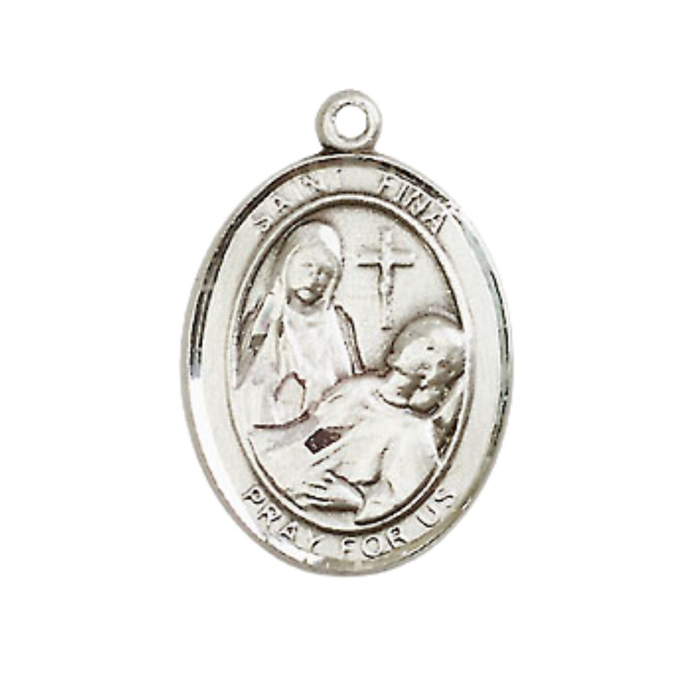Mens Medium Oval Pewter Saint St. Fina Medal Pendant on 24 Inch Rhodium Plated Heavy Curb Brass Chain with Lobster Claw Clasp, Catholic Religious Necklace - Made in USA- Deluxe Velvet Gift Box