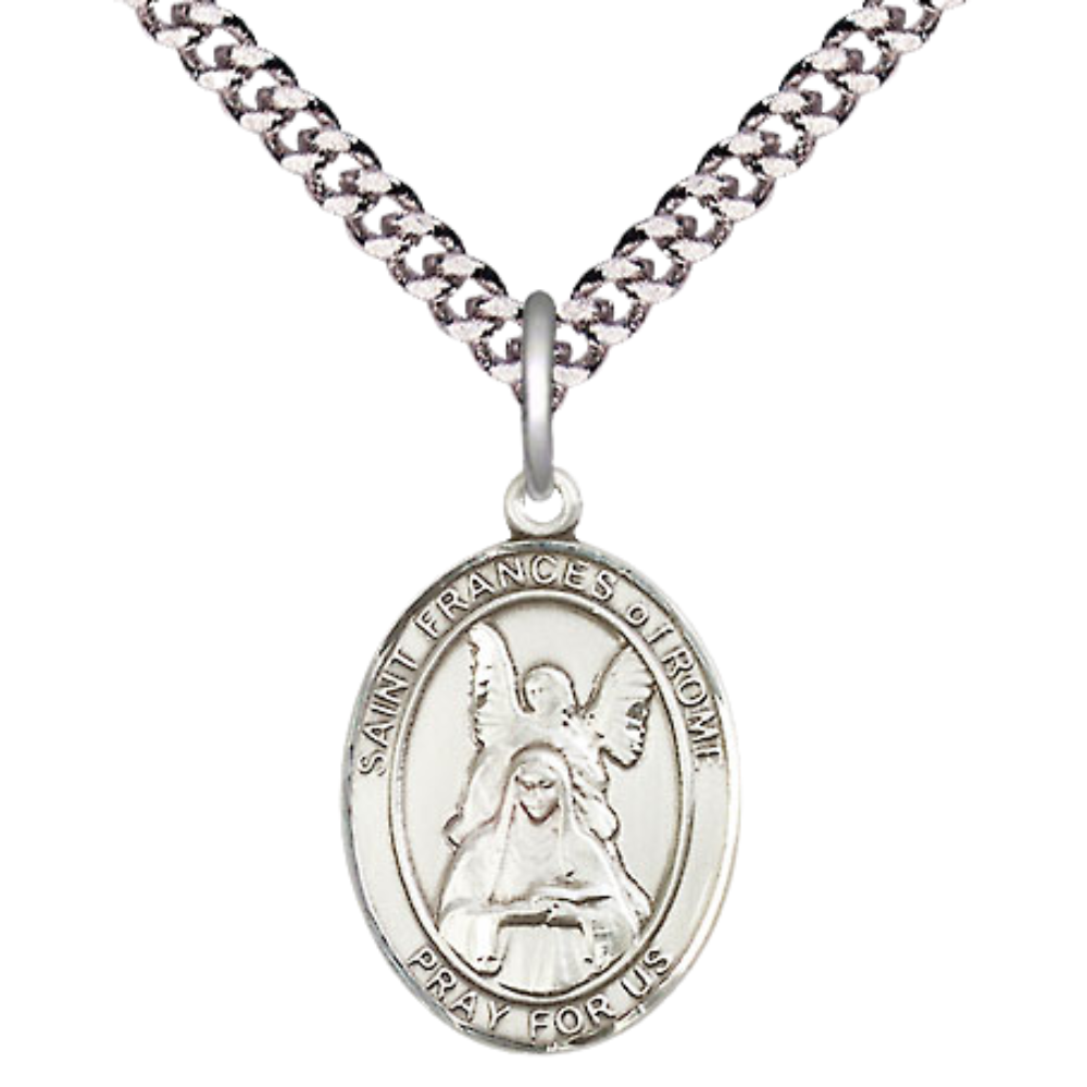 Medium Men's Pewter Saint St. Frances of Rome Medal Pendant on 24 Inch Endless Rhodium Plated Heavy Curb Brass Chain, Catholic Religious Necklace - Made in USA- Deluxe Velvet Gift Box