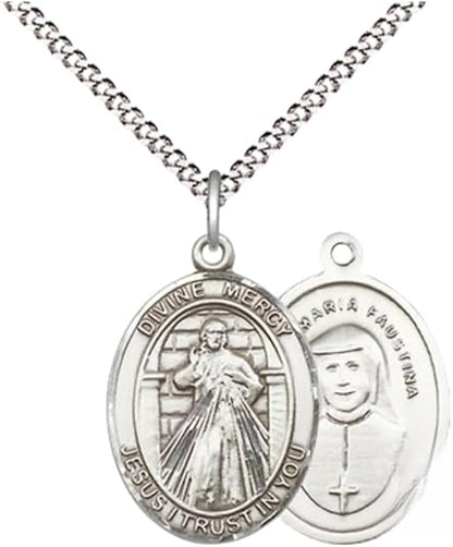 Everlasting Light Jewelry Medium Women's Pewter Divine Mercy Pendant Necklace on 18- inch Rhodium- Plated Lite Curb Brass Chain – Catholic Religious Medal – Velvet Gift Box Included