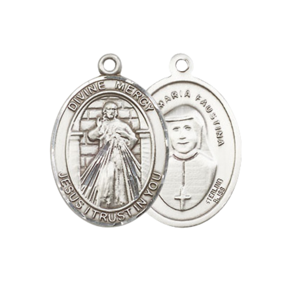 Everlasting Light Jewelry Medium Men's Pewter Divine Mercy Medal Pendant on 24 Inch Endless Rhodium Plated Heavy Curb Brass Chain, Catholic Religious Necklace - Made in USA- Deluxe Velvet Gift Box