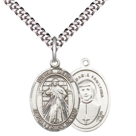 Everlasting Light Jewelry Medium Men's Pewter Divine Mercy Medal Pendant on 24 Inch Endless Rhodium Plated Heavy Curb Brass Chain, Catholic Religious Necklace - Made in USA- Deluxe Velvet Gift Box