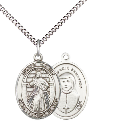 Everlasting Light Jewelry Medium Women's .925 Sterling Silver Divine Mercy Pendant Necklace on 18- inch Rhodium- Plated Lite Curb Brass Chain, Catholic Medal – Velvet Gift Box Included