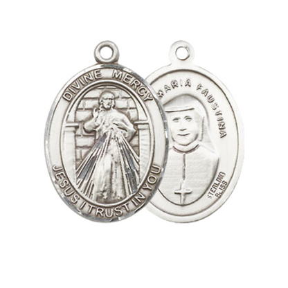 Mens Medium Oval .925 Sterling Silver Divine Mercy Medal Pendant on 24 Inch Rhodium Plated Heavy Curb Brass Chain w/ Lobster Claw Clasp, Catholic Religious Necklace - Made in USA- Velvet Gift Box
