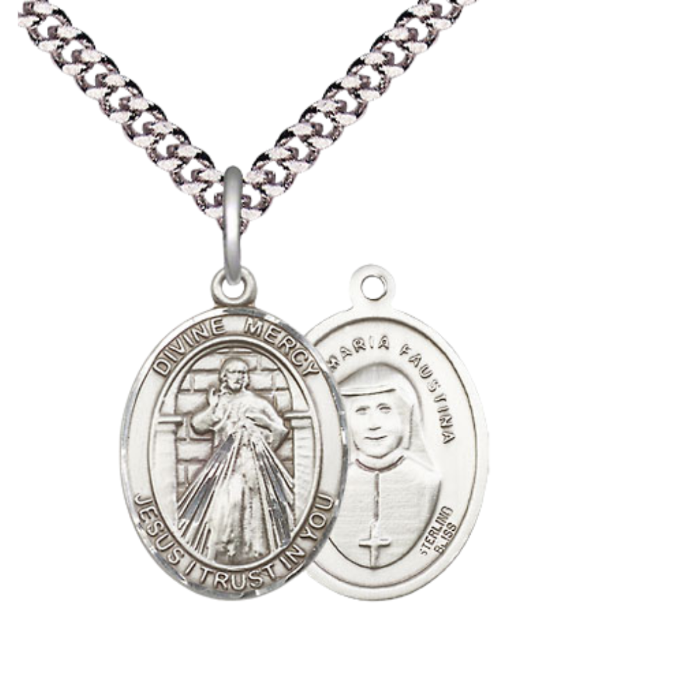 Mens Medium Oval .925 Sterling Silver Divine Mercy Medal Pendant on 24 Inch Rhodium Plated Heavy Curb Brass Chain w/ Lobster Claw Clasp, Catholic Religious Necklace - Made in USA- Velvet Gift Box