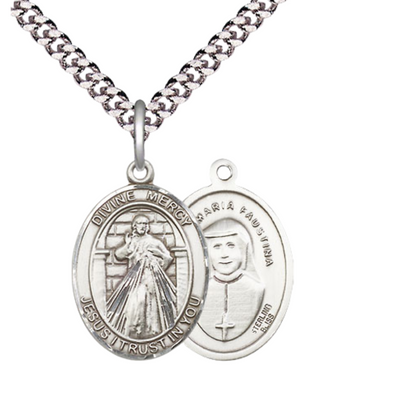 Mens Medium Oval .925 Sterling Silver Divine Mercy Medal Pendant on 24 Inch Rhodium Plated Heavy Curb Brass Chain w/ Lobster Claw Clasp, Catholic Religious Necklace - Made in USA- Velvet Gift Box
