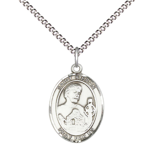 Everlasting Light Jewelry Medium Women's Sterling Silver Saint Kieran Pendant Necklace on 18-inch Rhodium-Plated Lite Curb Brass Chain – Velvet Gift Box Included