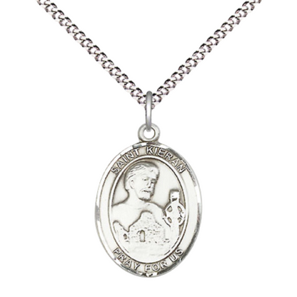 Everlasting Light Jewelry Medium Women's Pewter Saint Kieran Pendant Necklace on 18-inch Rhodium-Plated Lite Curb Brass Chain – Patron Saint of Diocese of Ossory – Velvet Gift Box Included