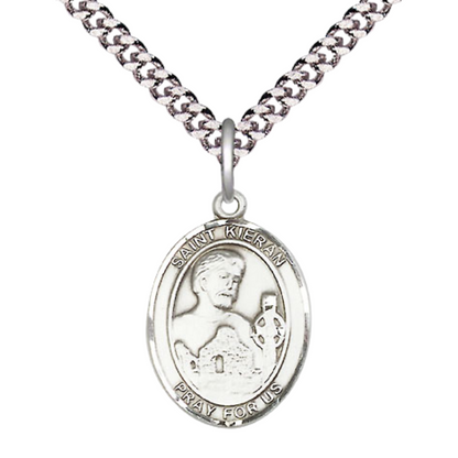 Mens Medium Oval .925 Sterling Silver Saint Kieran Medal Pendant on 24" Rhodium Plated Heavy Curb Brass Chain w/ Lobster Claw Clasp, Catholic Religious Necklace -Made in USA-Velvet Gift Box