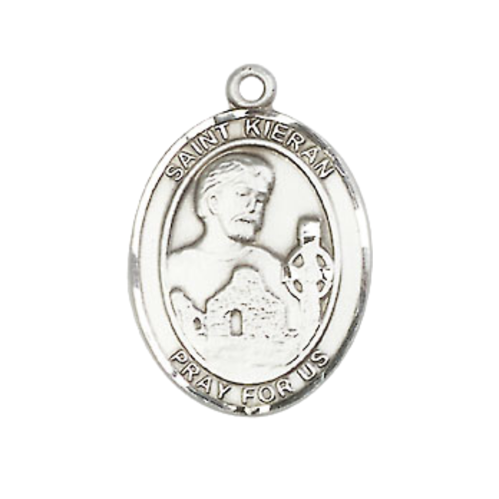Medium Men's .925 Sterling Silver Saint St.Kieran Medal Pendant on 24 Inch Endless Rhodium Plated Heavy Curb Brass Chain, Catholic Religious Necklace -Made in USA- Deluxe Velvet Gift Box