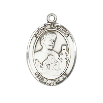 Mens Medium Oval Pewter Saint St. Kieran Medal Pendant on 24 Inch Rhodium Plated Heavy Curb Brass Chain with Lobster Claw Clasp, Catholic Religious Necklace - Made in USA- Deluxe Velvet Gift Box