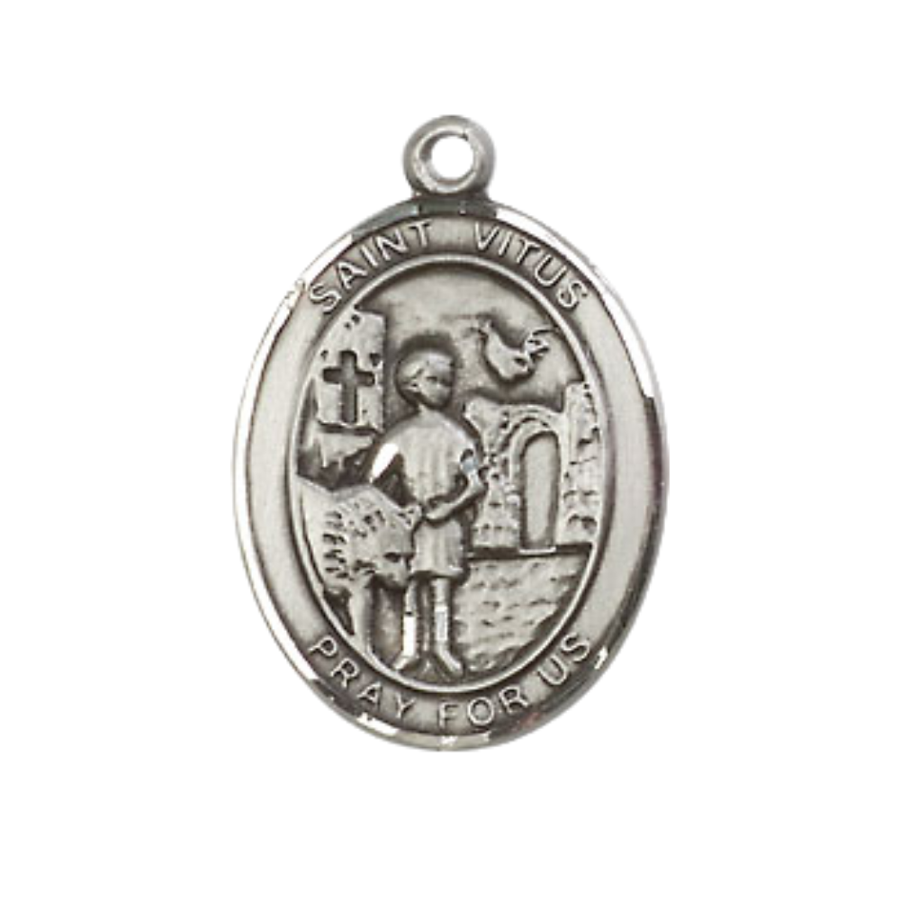 Everlasting Light Jewelry Medium Men's Pewter Saint St. Vitus Medal Pendant on 24 Inch Endless Rhodium Plated Heavy Curb Brass Chain, Catholic Religious Necklace - Made in USA- Deluxe Velvet Gift Box