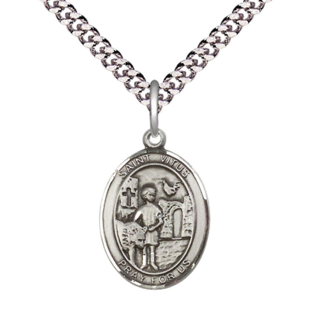 Everlasting Light Jewelry Medium Men's Pewter Saint St. Vitus Medal Pendant on 24 Inch Endless Rhodium Plated Heavy Curb Brass Chain, Catholic Religious Necklace - Made in USA- Deluxe Velvet Gift Box