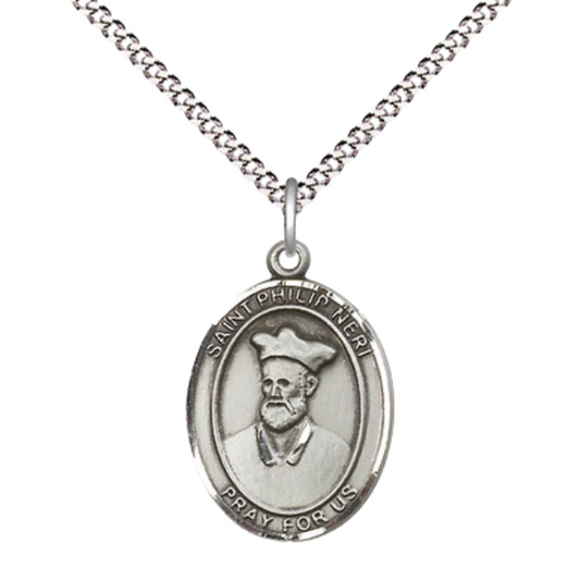 Everlasting Light Jewelry Medium Women's Pewter Saint St. Philip Neri Pendant Necklace on 18- inch Rhodium- Plated Lite Curb Brass Chain – Patron Saint St. of U.S. Army Special Forces, Catholic Medal – Velvet Gift Box Included