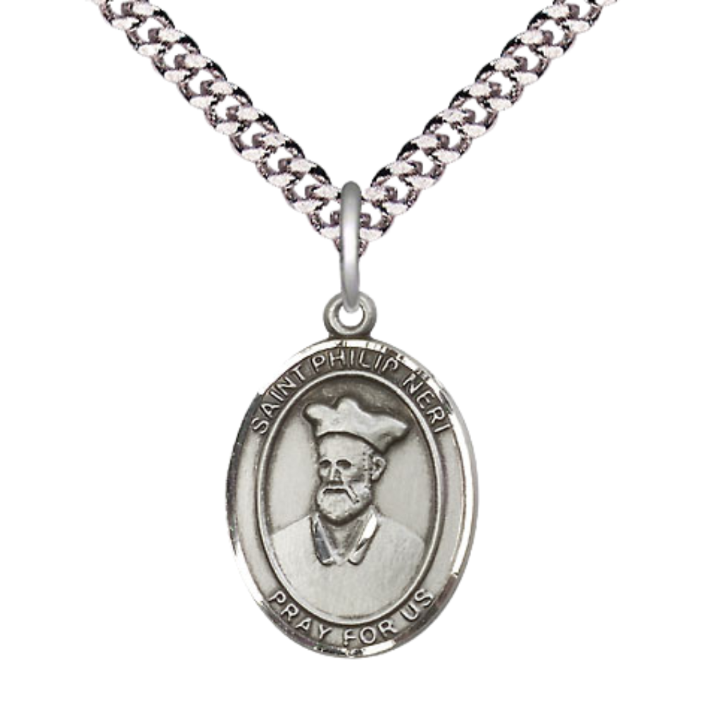Everlasting Light Jewelry Medium Men's Pewter Saint St. Philip Neri Medal Pendant on 24 Inch Endless Rhodium Plated Heavy Curb Brass Chain, Catholic Religious Necklace - Made in USA- Deluxe Velvet Gift Box