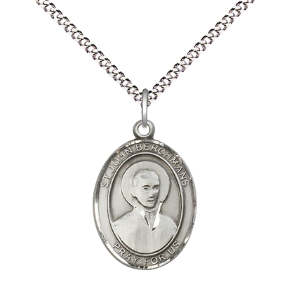Everlasting Light Jewelry Medium Women's .925 Sterling Silver Saint St. John Berchmans Pendant Necklace on 18- inch Rhodium- Plated Lite Curb Brass Chain, Catholic Medal – Velvet Gift Box Included – Patron Saint St. of Altar Servers