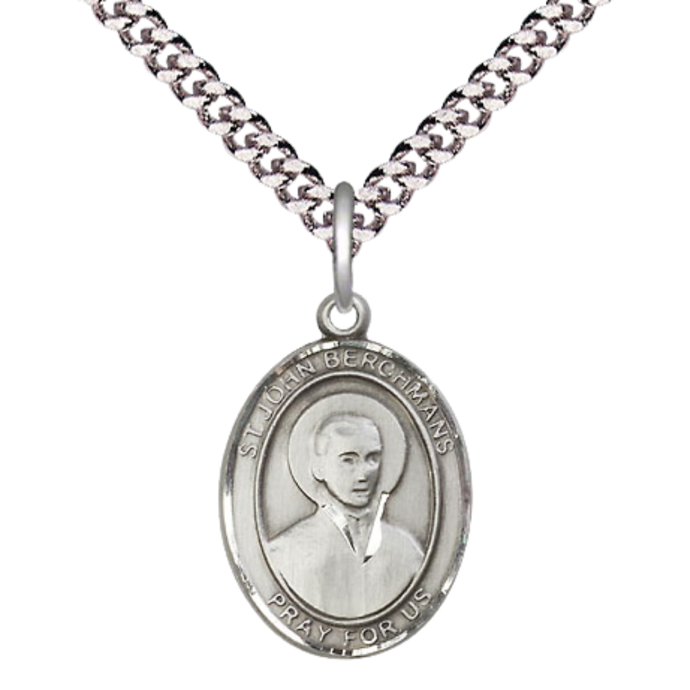 Everlasting Light Jewelry Medium Men's Pewter Patron Saint St. John Berchmans Medal Pendant with 24 Inch Rhodium Plated Heavy Curb Chain Catholic Religious Necklace - Made in USA, Deluxe Velvet Gift Box