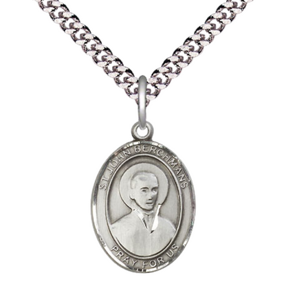 Everlasting Light Jewelry Medium Men's Pewter Patron Saint St. John Berchmans Medal Pendant with 24 Inch Rhodium Plated Heavy Curb Chain Catholic Religious Necklace - Made in USA, Deluxe Velvet Gift Box