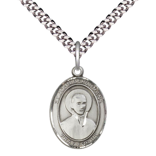 Everlasting Light Jewelry Medium Men's Pewter Patron Saint St. John Berchmans Medal Pendant with 24 Inch Rhodium Plated Heavy Curb Chain Catholic Religious Necklace - Made in USA, Deluxe Velvet Gift Box