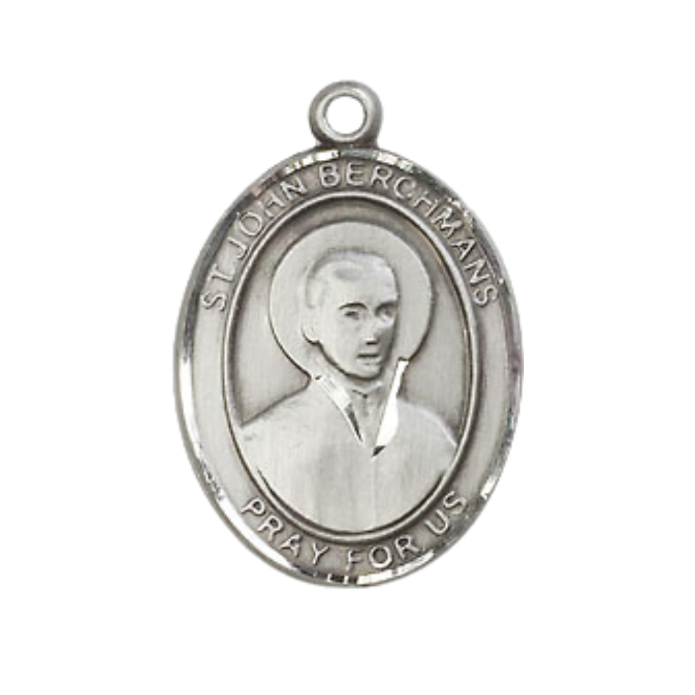 Everlasting Light Jewelry Medium Men's Pewter Patron Saint St. John Berchmans Medal Pendant with 24 Inch Rhodium Plated Heavy Curb Chain Catholic Religious Necklace - Made in USA, Deluxe Velvet Gift Box