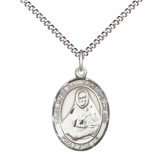 Medium Women's .925 Sterling Silver Saint St. Rose Philippine Pendant Necklace on 18- inch Rhodium- Plated Lite Curb Brass Chain, Catholic Medal – Velvet Gift Box Included – Patron Saint St. of Philippines and Missionaries