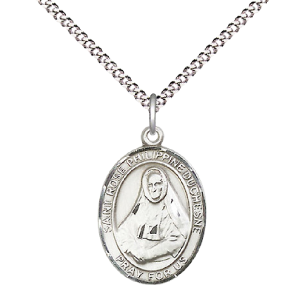 Everlasting Light Jewelry Medium Women's Pewter Saint St. Rose Philippine Pendant Necklace on 18- inch Rhodium- Plated Lite Curb Brass Chain – Patron Saint St. of Louisiana, Catholic Medal – Velvet Gift Box Included