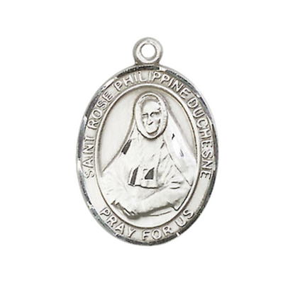 Medium Men's Pewter Saint St. Rose Philippine Medal Pendant on 24 Inch Endless Rhodium Plated Heavy Curb Brass Chain, Catholic Religious Necklace - Made in USA- Deluxe Velvet Gift Box