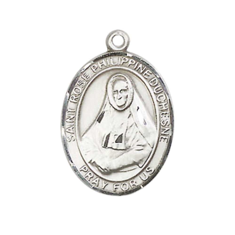 Medium Men's .925 Sterling Silver Saint St. Rose Philippine Medal Pendant on 24 Inch Endless Rhodium Plated Heavy Curb Brass Chain, Catholic Religious Necklace - Made in USA- Deluxe Velvet Gift Box