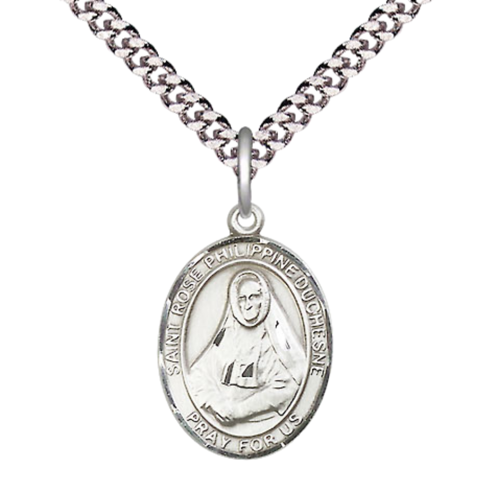 Medium Men's .925 Sterling Silver Saint St. Rose Philippine Medal Pendant on 24 Inch Endless Rhodium Plated Heavy Curb Brass Chain, Catholic Religious Necklace - Made in USA- Deluxe Velvet Gift Box