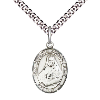 Medium Men's .925 Sterling Silver Saint St. Rose Philippine Medal Pendant on 24 Inch Endless Rhodium Plated Heavy Curb Brass Chain, Catholic Religious Necklace - Made in USA- Deluxe Velvet Gift Box