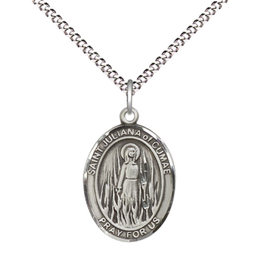 Everlasting Light Jewelry Medium Women's Sterling Silver Saint Juliana Pendant Necklace on 18-inch Rhodium-Plated Lite Curb Brass Chain - Patron Saint of Sickness, Velvet Gift Box Included