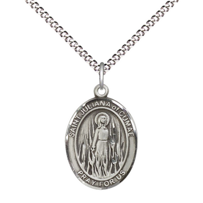 Everlasting Light Jewelry Medium Women's Pewter Saint St. Juliana Pendant Necklace on 18- inch Rhodium- Plated Lite Curb Brass Chain – Patron Saint St. of Sickness, Catholic Medal – Velvet Gift Box Included
