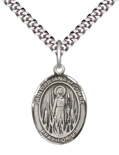 Medium Men's .925 Sterling Silver Saint St. Juliana Medal Pendant on 24 Inch Endless Rhodium Plated Heavy Curb Brass Chain, Catholic Religious Necklace - Made in USA- Deluxe Velvet Gift Box