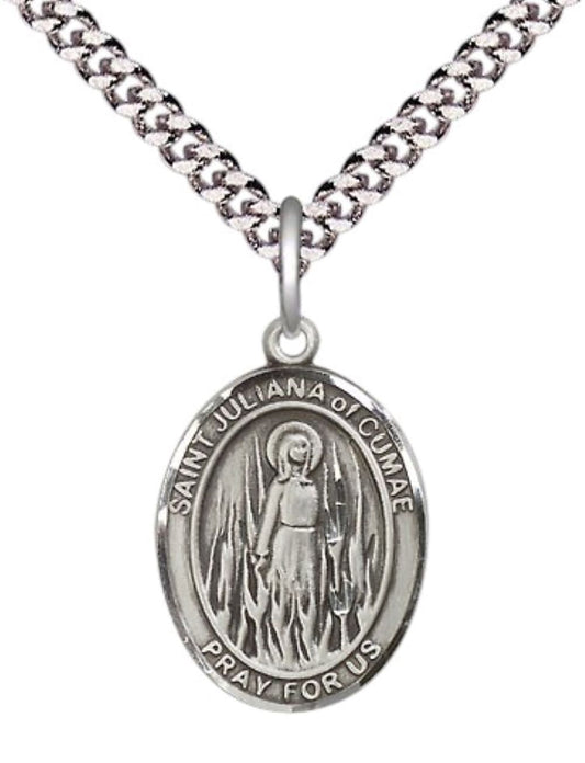 Mens Medium Oval .925 Sterling Silver Saint St. Juliana Medal Pendant on 24 Inch Rhodium Plated Heavy Curb Brass Chain w/ Lobster Claw Clasp, Catholic Religious Necklace - Made in USA- Velvet Gift Box