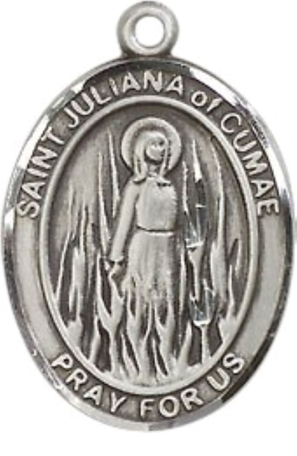 Mens Medium Oval .925 Sterling Silver Saint St. Juliana Medal Pendant on 24 Inch Rhodium Plated Heavy Curb Brass Chain w/ Lobster Claw Clasp, Catholic Religious Necklace - Made in USA- Velvet Gift Box