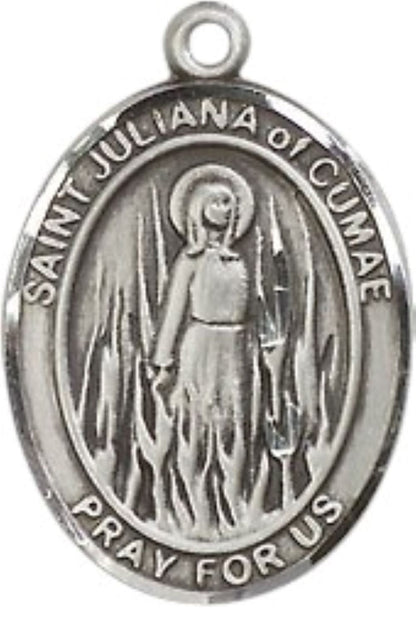 Everlasting Light Jewelry Medium Men's Pewter Saint St.Juliana Medal Pendant on 24 Inch Endless Rhodium Plated Heavy Curb Brass Chain, Catholic Religious Necklace -Made in USA- Deluxe Velvet Gift Box