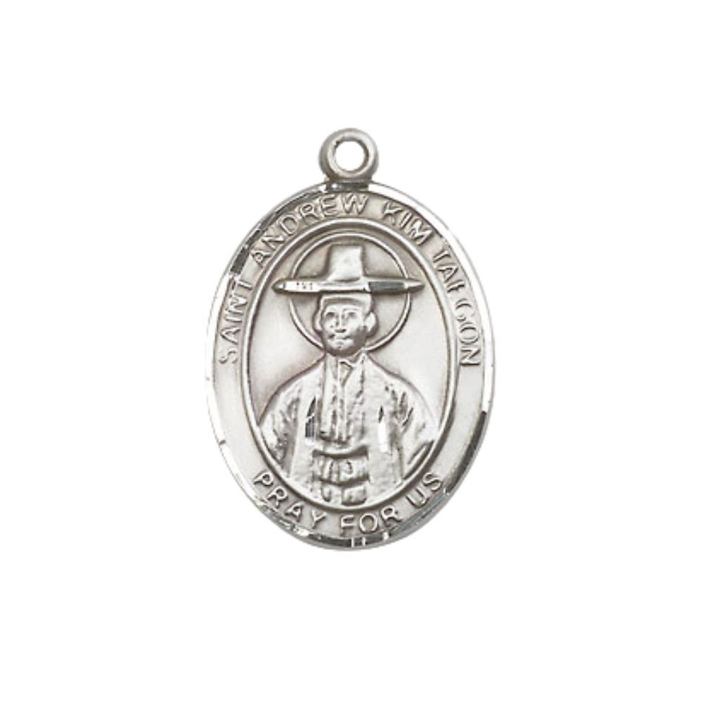 Everlasting Light Jewelry Medium Women's Pewter Saint St. Andrew Kim Taegon Pendant Necklace on 18- inch Rhodium- Plated Lite Curb Brass Chain – Patron Saint St. of Korean Clergy, Catholic Medal – Velvet Gift Box Included