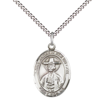 Everlasting Light Jewelry Medium Women's .925 Sterling Silver Saint St. Andrew Kim Taegon Pendant Necklace on 18- inch Rhodium- Plated Lite Curb Brass Chain, Catholic Medal - Patron Saint. of Korean Clergy, Velvet Gift Box Included