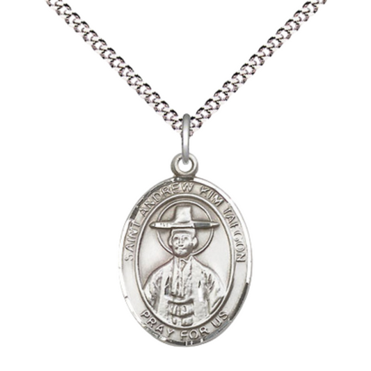 Everlasting Light Jewelry Medium Women's .925 Sterling Silver Saint St. Andrew Kim Taegon Pendant Necklace on 18- inch Rhodium- Plated Lite Curb Brass Chain, Catholic Medal - Patron Saint. of Korean Clergy, Velvet Gift Box Included
