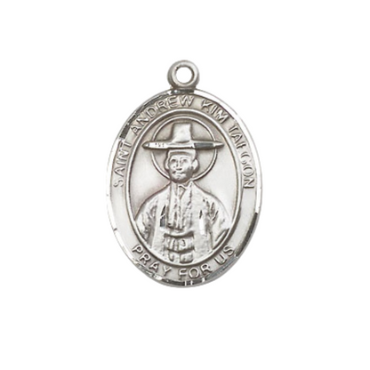Mens Medium Oval Pewter Saint St. Andrew Kim Taegon Medal Pendant on 24 Inch Rhodium Plated Heavy Curb Brass Chain w/ Lobster Claw Clasp, Catholic Religious Necklace - Made in USA- Velvet Gift Box